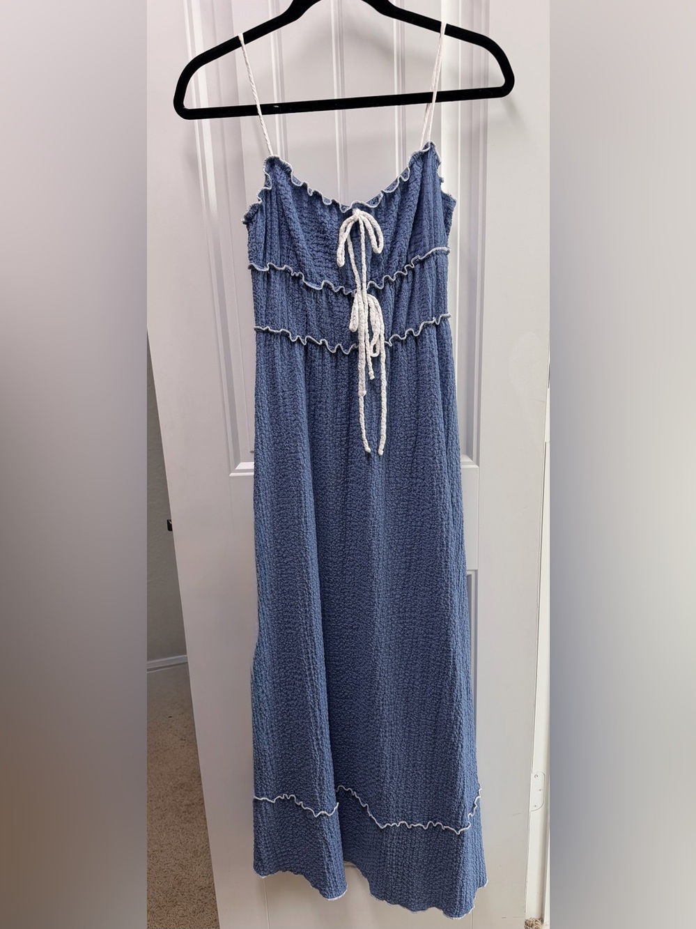 See You Monday Dusty Blue Maxi Dress with White Tie